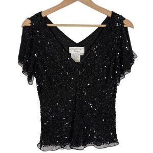 VTG Adrianna Papell Fully Beaded Flutter Sleeve Black Petite M 100% Silk Blouse